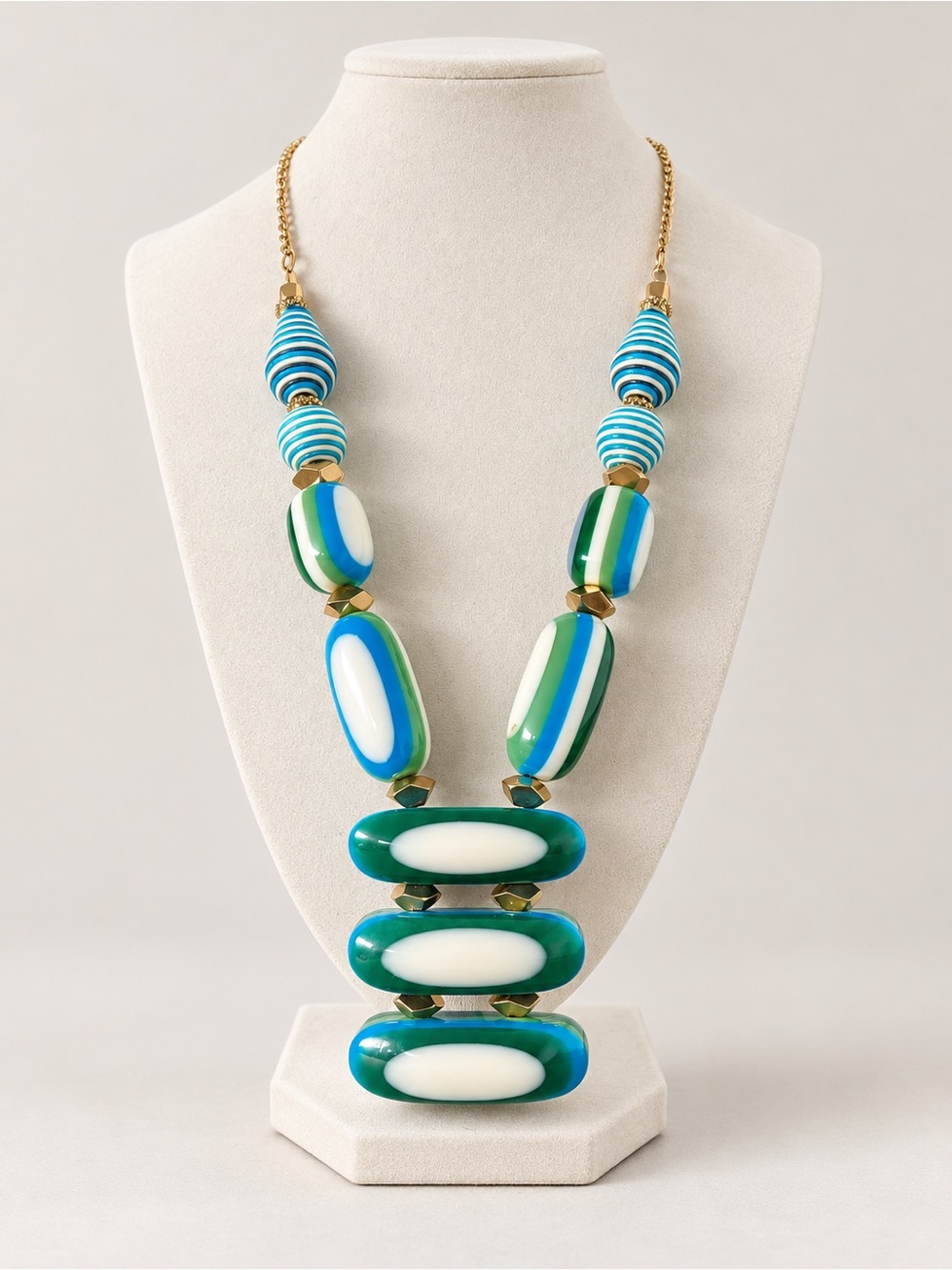 Network Blue Green Striped Beaded Statement Necklace